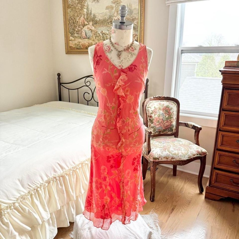 pink silk dress  90s pink floral ruffle silk dress willi‎ smith size 10